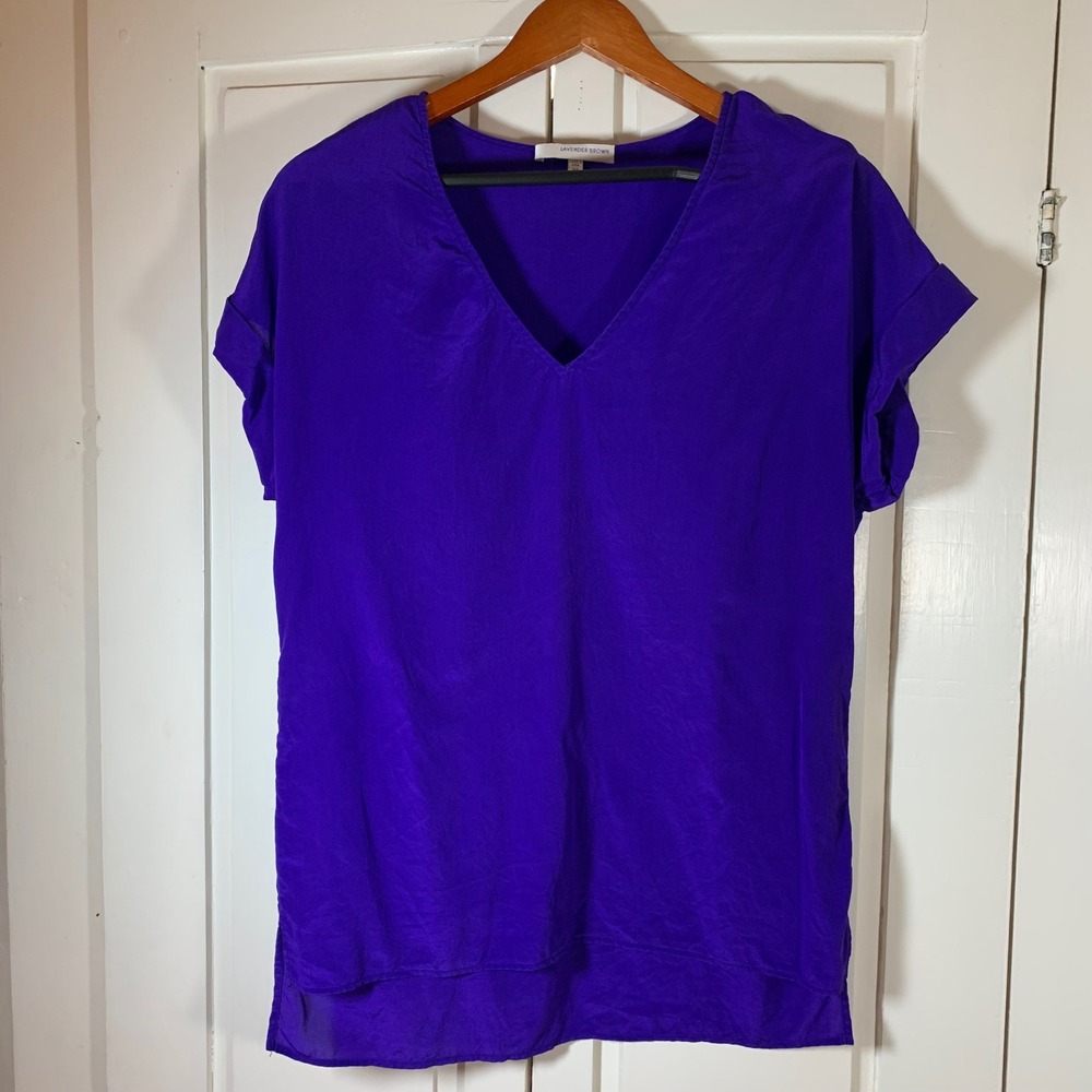 LAVENDER BROWN Purple Silk V Neck Short Sleeve Casual Top Women's XS